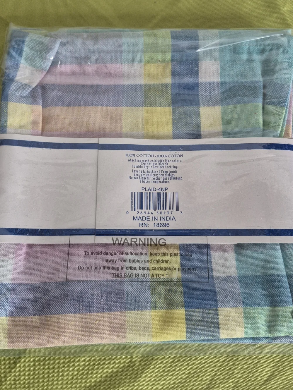 Pastel Plaid Cotton Napkins - Pastel Multi (4 Pack)